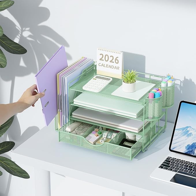 gianotter 4-Tier Desk Organizer with Drawers, File Holders, Letter Trays and Pen Holders - Workspace Accessories for Office Supplies (Sage Green) - Image 6