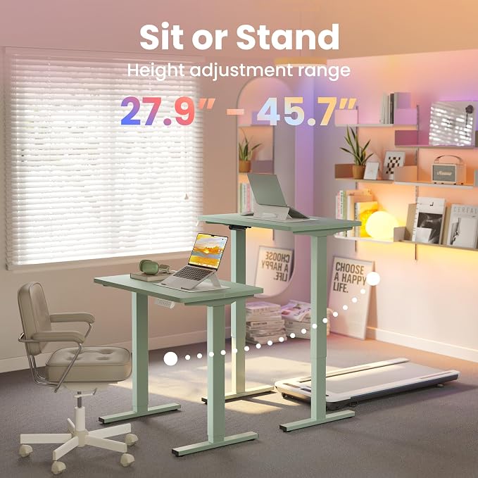 HUANUO 32x19 Inch Small Electric Standing Desk, Adjustable, Sage Green | Compact Home Office Desk, 176lbs heavy duty lifting with 4 height presets. M8 screw holes ready for DIY mobile wheels - Image 4