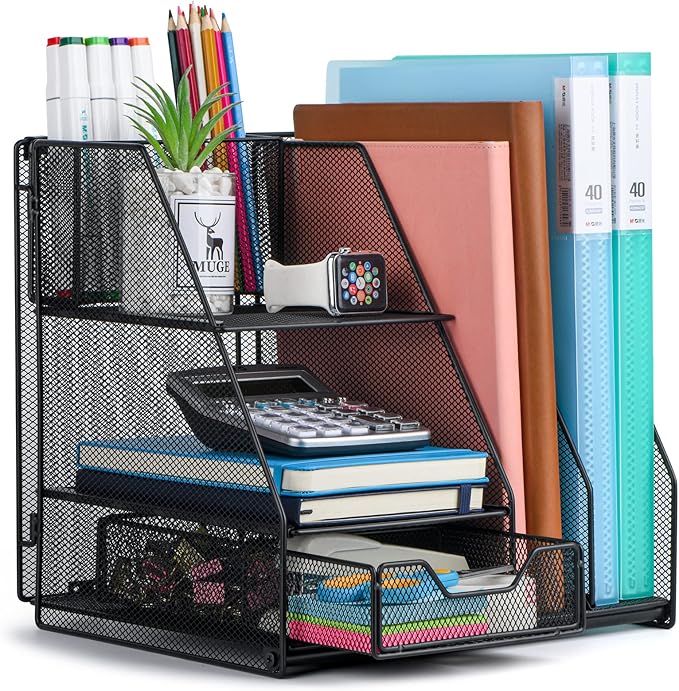 Topwey Desk Organizer, File Organizer for Desk with 2-Tier Paper Letter Tray, Drawer and 2 Pen Holder, Mesh Desktop Organization with Magazine Holder for Office Supplies by Topwey