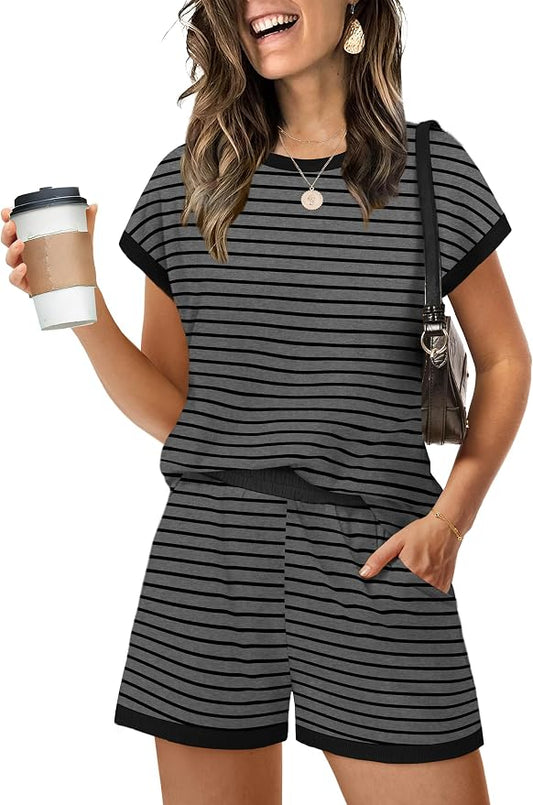 WIHOLL Two Piece Sets for Women Summer Lounge Short Sets Cap Sleeve Crew Neck Sweatsuit with Pocket XS-2XL by WIHOLL