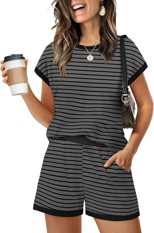 WIHOLL Two Piece Sets for Women Summer Lounge Short Sets Cap Sleeve Crew Neck Sweatsuit with Pocket XS-2XL by WIHOLL