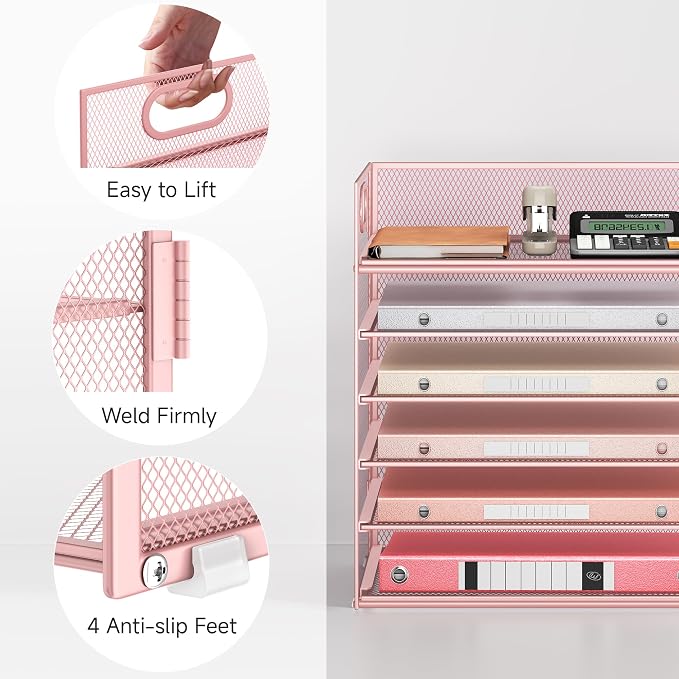 6 Tray Paper Organizer Letter Tray with Handle - Mesh Desk File Organizer, Paper Sorter Organizer for Office, Home or School File Folder Holder - Pink - Image 3