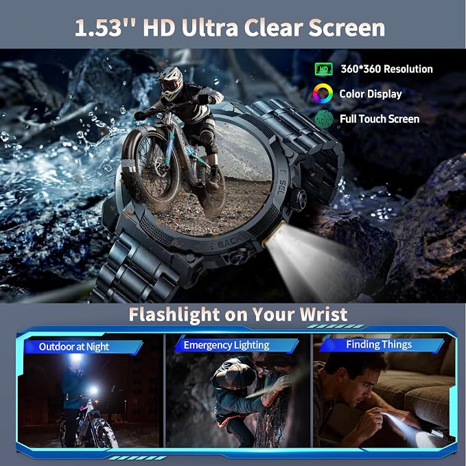 Smart Watches for Men (Answer/Make Call), 1.53" HD Military Smartwatch, 50+ Days Extra-Long Battery Life Fitness Tracker, Flashlight/110+Sports/Heart Rate/Sleep Monitor/IP68 Waterproof Android iOS - Image 4
