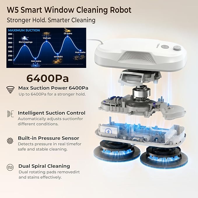 Tosima W5 Window Cleaning Robot, 6400Pa Max Adaptive Suction, Auto-Spray Smart Window Cleaner with Triple Safety System, Intelligent Navigation, Remote Control, for All Smooth Surfaces, White - Image 4