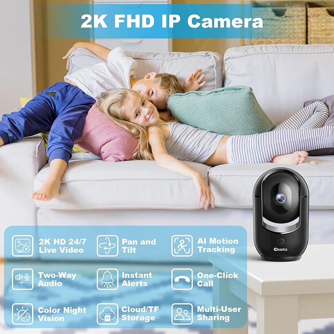 Cloarks 2K Pan/Tilt Security Camera, WiFi Indoor Cameras for Home Security with AI Motion Detection, Pet/Dog/Baby Camera with Phone App, 2-Way Audio, 24/7, Siren, TF/Cloud Storage，Black - Image 2