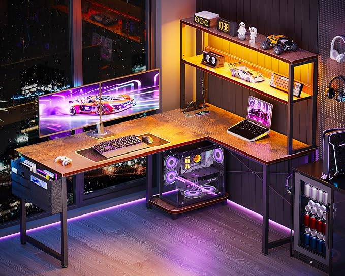 ODK 53" L Shaped Gaming Desk with Shelves, LED & Outlets, Vintage | Headset hook. Storage bag. Shelves for stationery & accessories. LED for late-night gaming. Reversible. Fits dual monitors. - Image 2