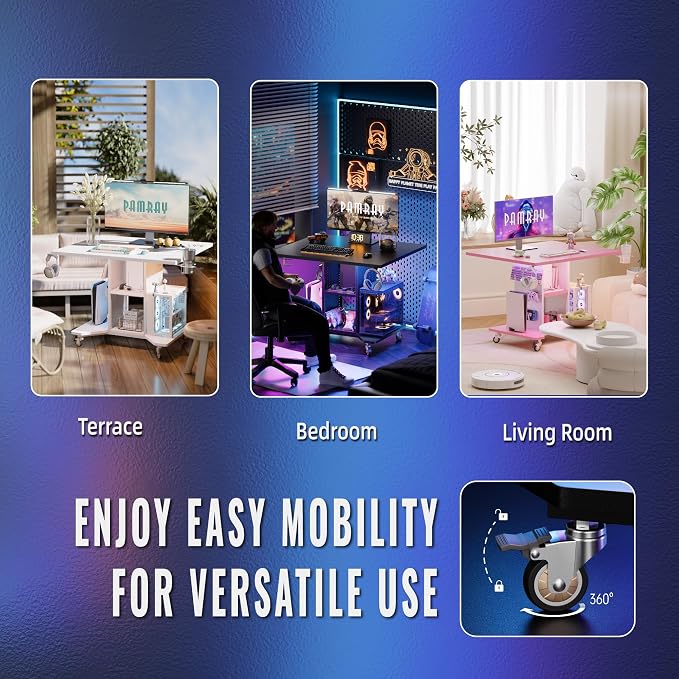 Pamray Small Gaming Desk Rolling Computer Table White | Movable, with Led Lights Power Outlets, with Storage Pegboard and Hook, Sturdy, Suitable for Study Gaming Bedroom Dorm - Image 5