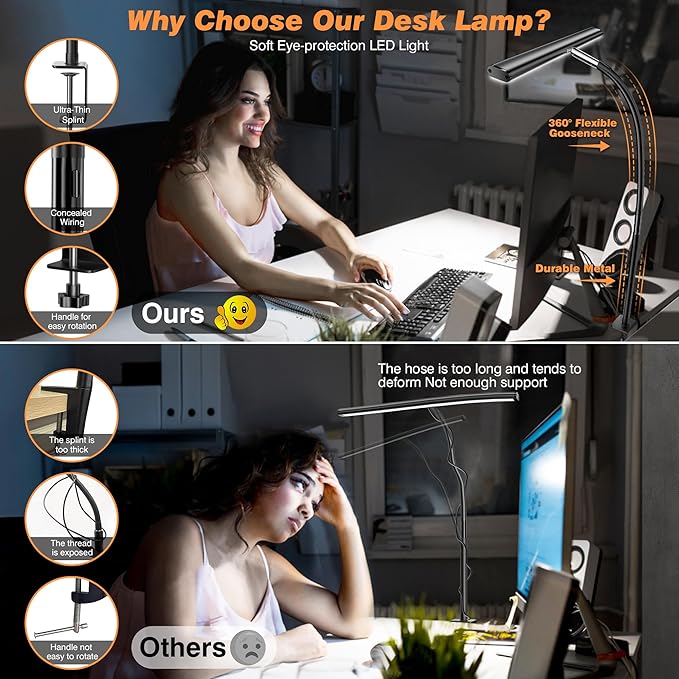 Airlonv LED Desk Lamp for Office Home, Eye-Caring Desk Light with Stepless Dimming Adjustable Flexible Gooseneck, 10W USB Adapter Desk Lamp with Clamp for Reading, Study, Workbench (Black) - Image 4
