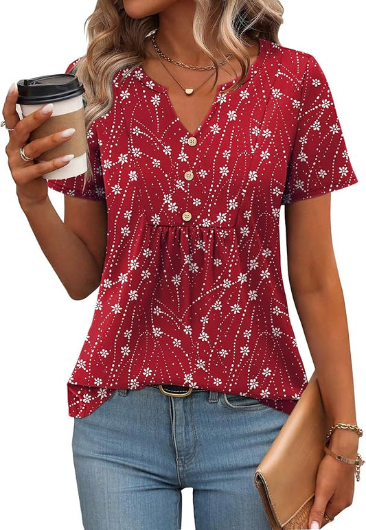 Zeagoo Womens Short Sleeve Tops Summer Henley V-Neck Tshirts Casual Pleated Blouse Dressy Loose Floral Basic Tee by Zeagoo