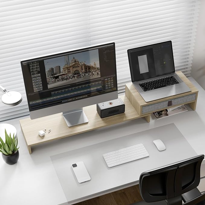 Fenge Computer Monitor Riser Stand with Drawer for 2 or 3 Monitors ,Adjustable Length and Angle Desktop Laptop Stand,Office Organizer,Printer,Oak - Image 4