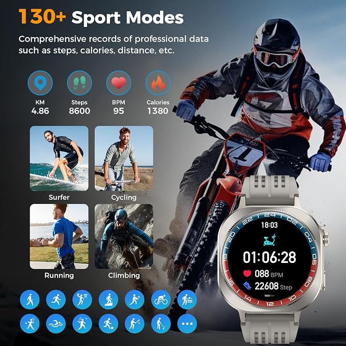 Smart Watch (Answer/Make Call), 1.43" AMOLED-3D Military Smartwatch for Men Women, Flashlight/130+ Sports/60 Days, Heart Rate/Sleep Monitor, IP68 Waterproof Fitness Activity Tracker for Android iOS - Image 6