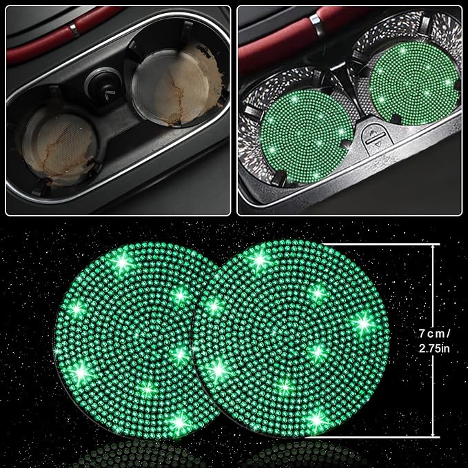 NBTEPEM 27 PCs Green Bling Car Accessories Set for Women, Steering Wheel Covers Universal Fit 15 Inch, Bling License Plate Frame, Bling Phone Holder, Bling Car Coasters (Green Diamond) - Image 7