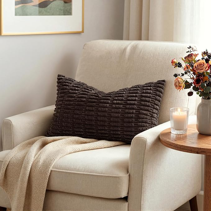 MIULEE Pack of 2 Corduroy Decorative Lumbar Throw Pillow Covers 20x12 Inch Soft Boho Striped Pillow Covers Modern Farmhouse Home Decor for Sofa Living Room Couch Bed Dark Brown - Image 2