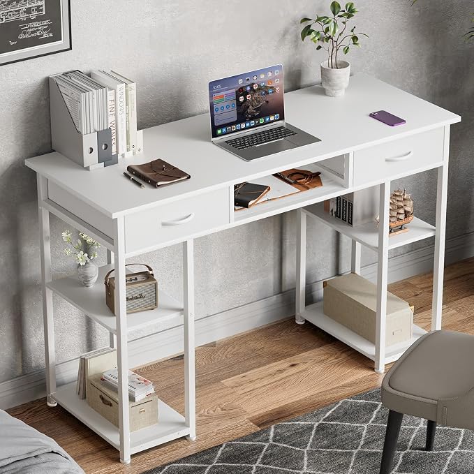 DUMOS 48-Inch Computer Desk with Drawers, Hook and Side Bag, White | Home Office Desk for Bedroom, Gaming Writing Study Desk with Adjustable Feet - Image 7