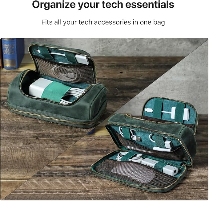 Hiram Handmade Crazy Horse Leather Tech Organizer Travel Case – Accessories Organiser Bag for Laptop, Tablet & Cell Phone, Double Compartment Charger Organizer Travel Case Green - Image 7