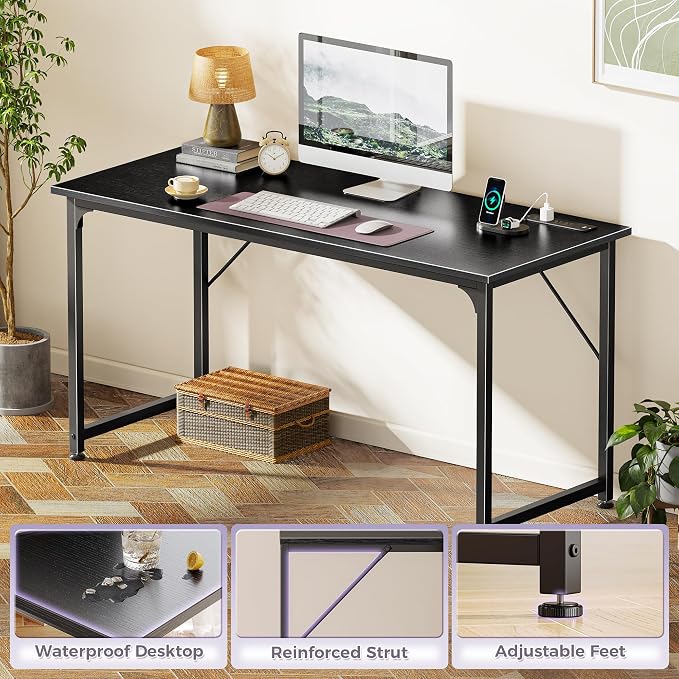 PRAISUN 55 X 20 Inch Computer Desk, Power Outlets, USB-C, Black | Office Desk with 4 AC Outlets, USB & USB-C, Sturdy Metal Frame, Spacious Desktop for Work, Writing, Study & Gaming - Image 8