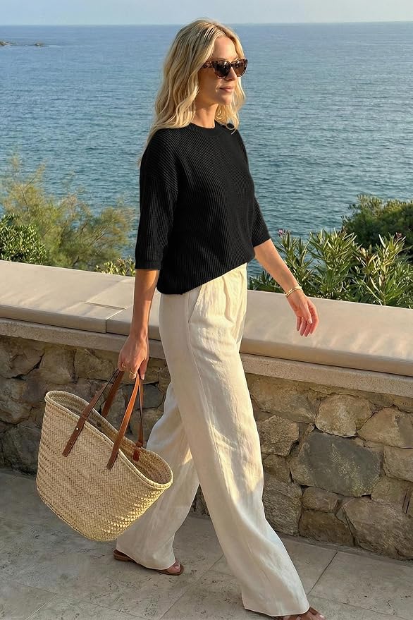 Arach&Cloz Womens Summer 100% Cotton Oversized Crochet Tops 3/4 Length Sleeve Sweater Hollow Out Casual Blouses 2026 - Image 5