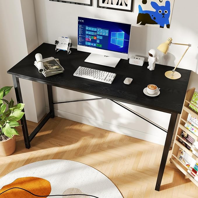 DUMOS 47 Inch Small Computer Desk, Gaming Desks for Home Office Bedroom | Modern Study Writing Work Table, Craft PC Desk Simple Workstation with Reinforcement Structure, Black - Image 2