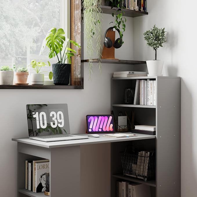 HOMCOM Modern Home Office Desk with 6-Tier Storage Shelves, 47", Gray | Writing Desk, Bookshelf - Image 8