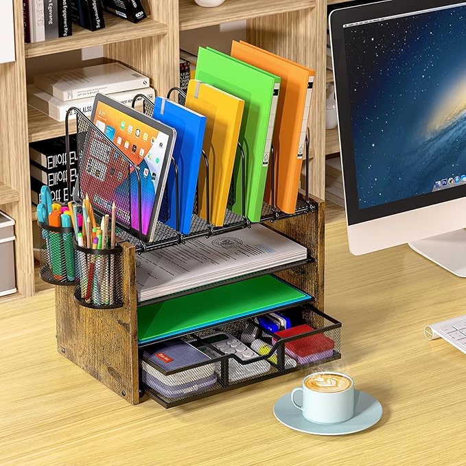 DAOUTIME 4-Tier Mesh Desk Organizer, Wooden Desk File Organizer with 5 Vertical File Holders and 2 Pen Holders, Desktop Organizers and Accessories with Drawer for Home Office - Image 3