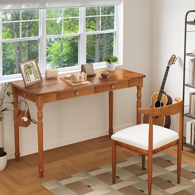 47 x 22 Inch Wooden Desk with Drawers -Simple Mid Century Modern Desk with 2 Hooks, Solid Rubber Wood Study Table for Living Room, Bedroom & Home Office, Walnut Color - Image 8