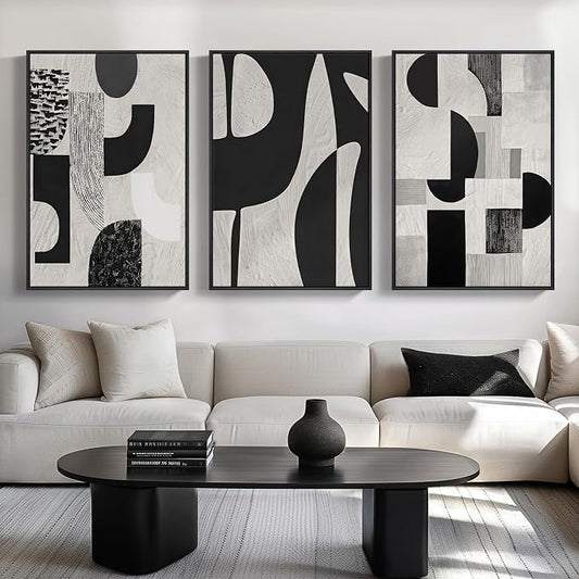 Large Framed Black and White Abstract Wall Art for Living Room, 3 Piece Modern Canvas Prints Paintings Artwork for Walls, Minimalist Geometric Pictures for Entryway Hallway Office Wall Decor 24x36 In by Cuspin