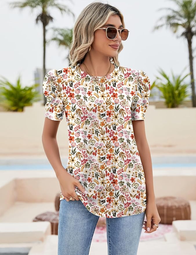 Ivicoer Puff Short Sleeve Shirt for Women Eyelet Tops Summer Crewneck Blouse Loose Fit S-XXL - Image 2