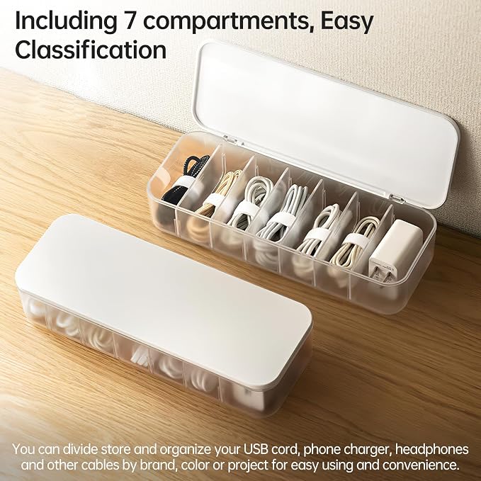 PAVSTINE Cable Organizer Storage Box with 7 Wire Ties,Desktop Cable Management Box with Lid,Power Cord Organizer with 7 Compartments for Office,Home,Desk Accessories Storage Stationery Supplies White - Image 6