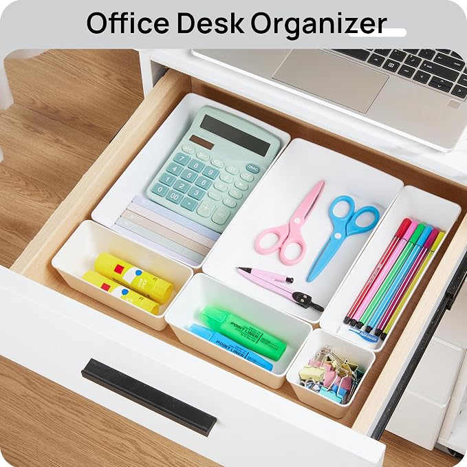 Vtopmart 44 PCS Plastic Drawer Organizer Set, Vanity Organizer Trays, White | 4-Size Versatile Makeup Organizer, Non-Slip Storage Containers for Makeup, Jewelries, Bedroom，Kitchen Utensils and Office - Image 6