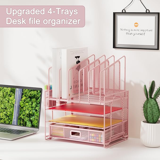 Marbrasse Desk Organizers, 4-Tier Mesh Desk File Organizer with 5 Vertical File Holders and 2 Pen Holders, Multifunction Desktop Organizer,Desk Organizers and Accessories for Home Office (Pink) - Image 3