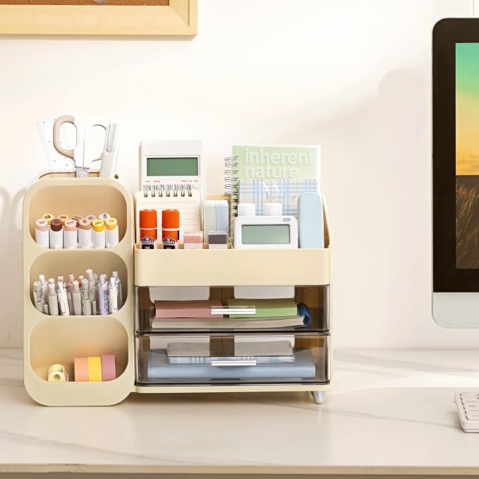 HBlife Desk Organizer with Pen Pencil Holder for Desk, Pen Organizer with 2 Drawers, Desk Organizers and Accessories with 4 Compartments, Desktop Storage for Office Home School Art Supplies, Beige - Image 3