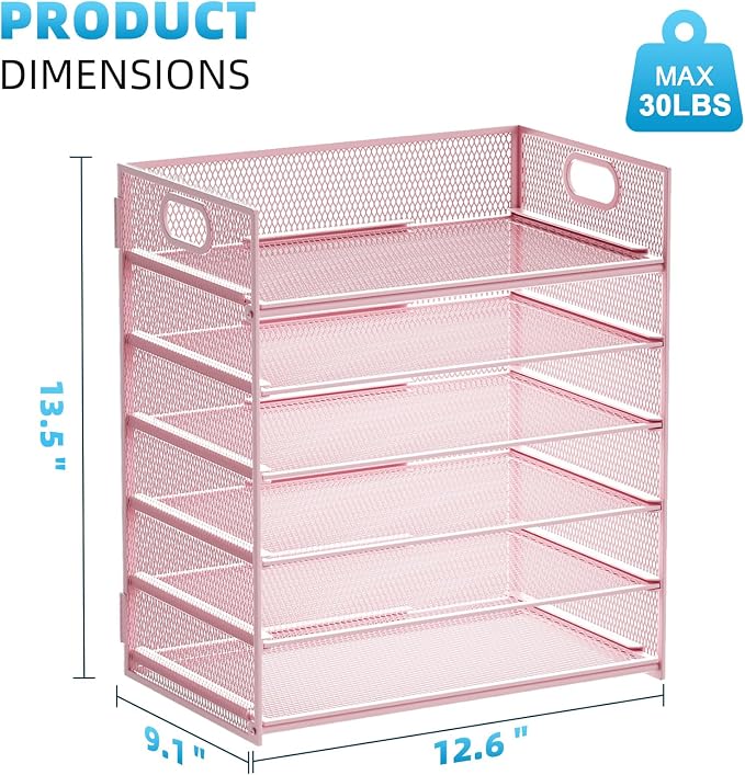 Marbrasse 6 Tier Paper Organizer Letter Tray - Mesh Desk File Organizer with Handle, Paper Sorter for Letter/A4 Office File Folder Holder -Pink - Image 3
