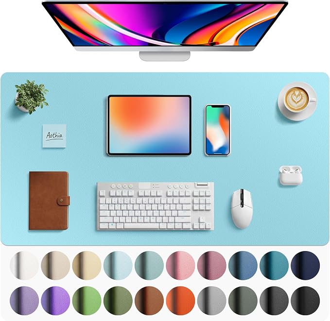 Aothia Faux Leather Desk Mat - Large Mouse Pad, Non-Slip PU Leather Blotter, Waterproof Writing Surface for Office and Home (Blue Topaz, 40" x 24") by AothiaSimpleNaturalUnique
