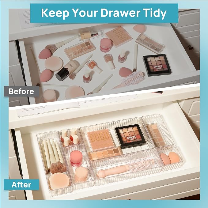 Vtopmart 7 PCS Clear Makeup Drawer Organizers Bins, 4-Size Stackable Makeup and Vanity Organizer Trays, Acrylic Bathroom Storage Containers for Cosmetic, Toiletries, Office Supply, Utensils, Gadgets - Image 6