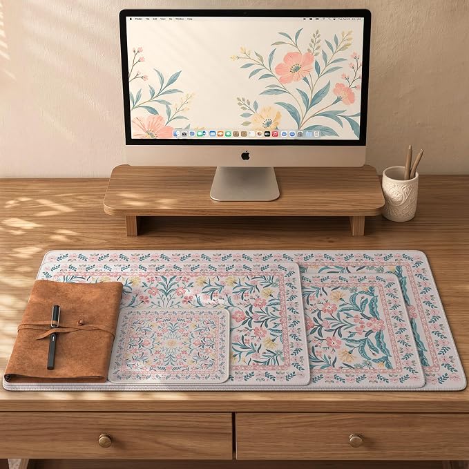 iCasso Aesthetic Mouse Pad for Office Decor,23.6x13.7in,Pink Floral | Desk Matt for Desktop,Anti-Slip Mousepad with Stitched Edges for Laptop Computer Keyboard,Smooth Water-Resistant - Image 2