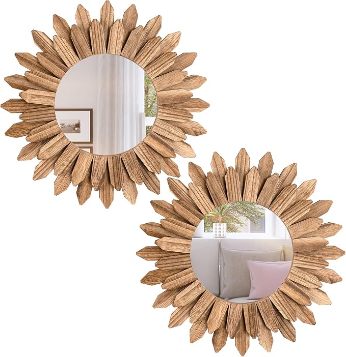 Honiway Boho Wall Decor Mirror 2 Pack Rustic Wood Mirror 12 inch Boho Mirror Home Decor Farmhouse Room Decorations for Bedroom Living Room Carbonized Black by Honiway