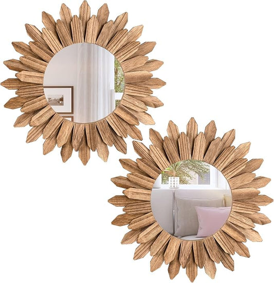 Honiway Boho Wall Decor Mirror 2 Pack Rustic Wood Mirror 12 inch Boho Mirror Home Decor Farmhouse Room Decorations for Bedroom Living Room Carbonized Black by Honiway