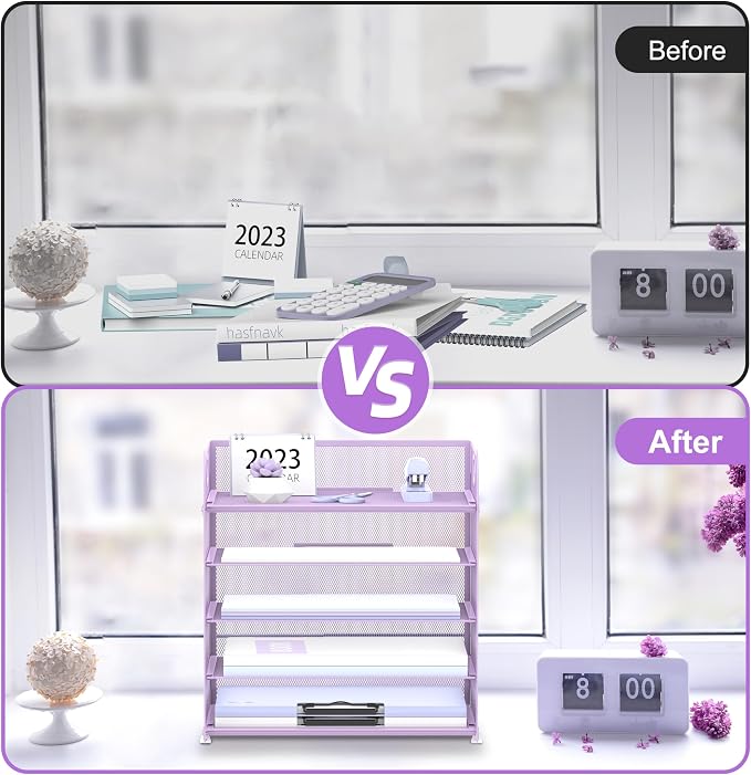 Supeasy 5 Trays Paper Organizer Letter Tray with Handle-Mesh Desk File Holders, Paper Sorter Desk Organizer for Office, Home, Classeoom or School, Purple - Image 6