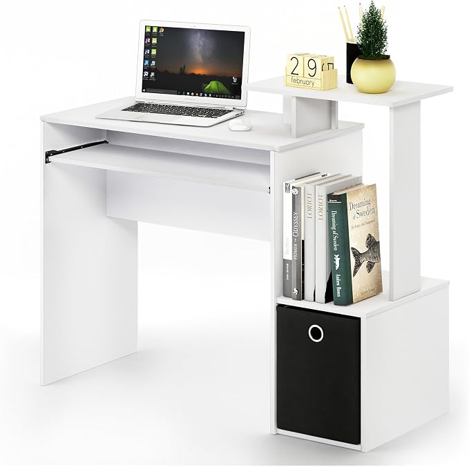 Furinno ECON Desk, 40" Wide Gaming Desk with Keyboard Tray, Computer Desk, Office Desk with Side Shelves and Storage Bin for Home Office, Plain White by Furinno-FitsYourSpaceFitsYourBudget