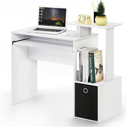 Furinno ECON Desk, 40" Wide Gaming Desk with Keyboard Tray, Computer Desk, Office Desk with Side Shelves and Storage Bin for Home Office, Plain White by Furinno-FitsYourSpaceFitsYourBudget