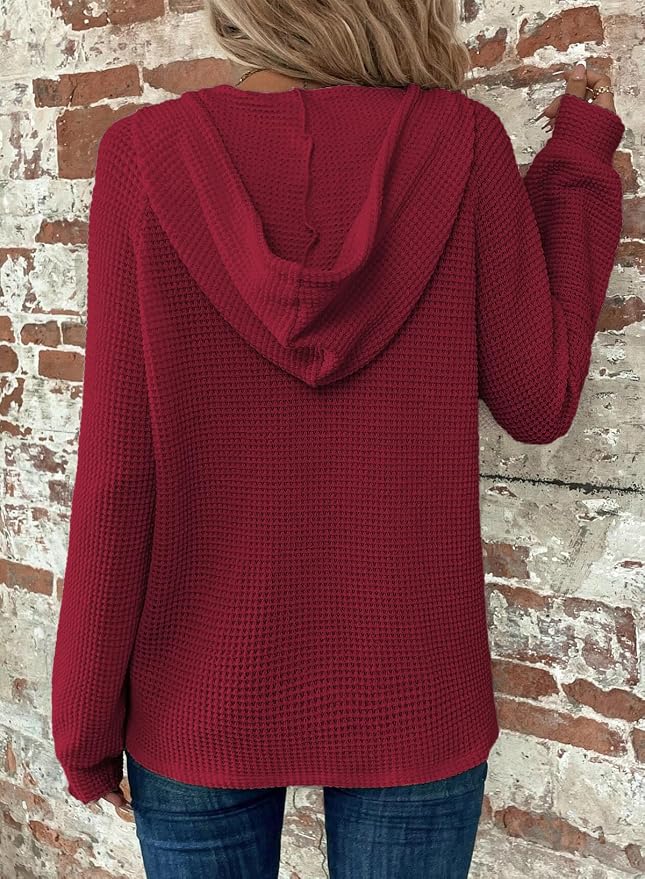 Dokotoo Hoodies for Women Waffle Knit Long Sleeve Drawstring Button V Neck Casual Sweatshirt Hooded Tops Fashion Clothing - Image 2