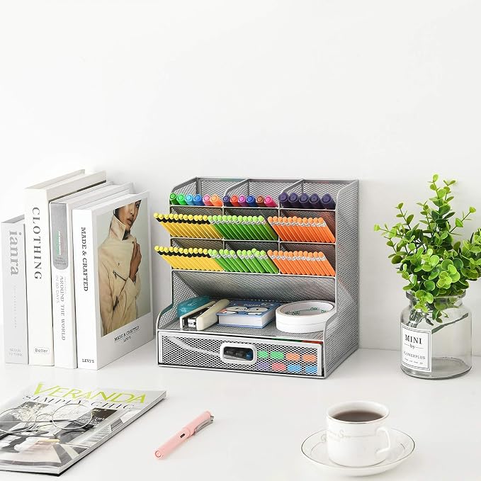 Marbrasse Larger Mesh Desk Organizer with Drawer, Multi-Functional Pen Pencil Holder, Desk Organizers and Accessories for Office Art Supplies (Silver Mesh Pen Holder with Drawer) - Image 3