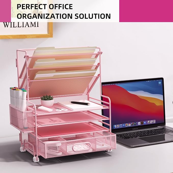MINDEPOT 4-Tier Paper Organizer + 3-Pocket File Holder + Drawer + Pen Holders, Desktop File Organizers Paper Tray for Office Supplies School Classroom Organization (Pink, with Drawer & Pen Holder) - Image 4