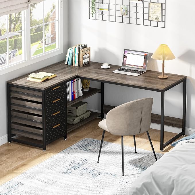 Tribesigns L Shaped Computer Desk with Storage Drawers, 59 inch Corner Desk with Shelves, Reversible L-Shaped Office Desk Writing Table Workstation for Home Office, Grey - Image 5