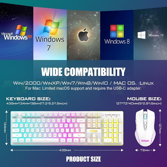RedThunder K10 Wireless Gaming Keyboard and Mouse Combo, RGB Backlit Rechargeable 3800mAh Battery, Mechanical Feel Anti-ghosting Keyboard + 7D 3200DPI Mice for PC Gamer(White Pudding) - Image 7