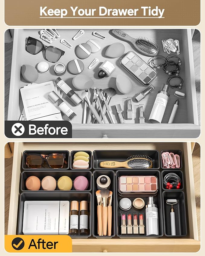 KEMETHY 25 PCS Plastic Drawer Organizers Set, 4 Sizes Vanity Organizer | Makeup and Desk Drawer Organizer Trays, Organization and Storage for Makeup, Bathroom, Kitchen Utensils and Office (Black) - Image 3