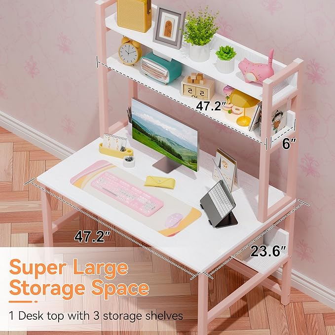 Aquzee Pink Girls Desk Hutch, 47in Woman Computer Desk with Bookshelf & Storage Shelves, Space Saving Girls Writing Study Craft Table for Bedroom Kids Room, White Wood & Pink Iron Home Office Desks - Image 4