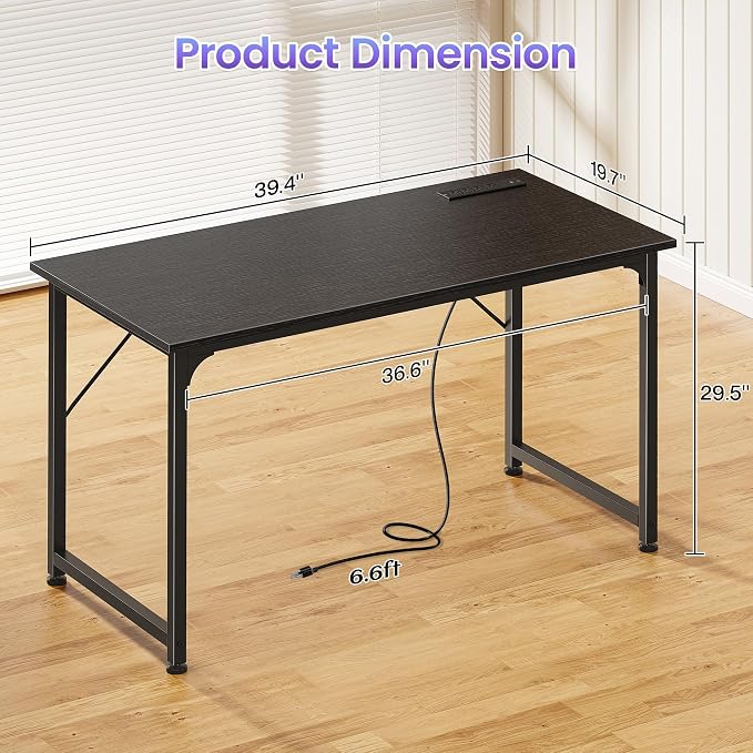 PRAISUN 40 X 20 Inch Computer Desk, Power Outlets, USB-C, Black | Office Desk with 4 AC Outlets, USB & USB-C, Sturdy Metal Frame, Spacious Desktop for Work, Writing, Study & Gaming - Image 3