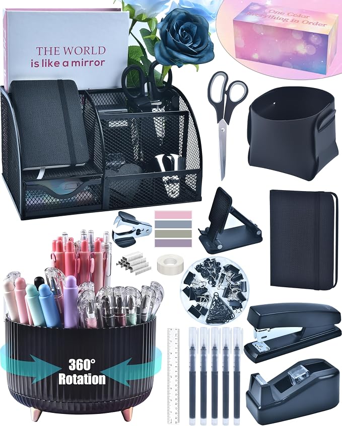 LXEVIHK 20Pcs Black Desk Organizers and Accessories With Mesh Desk Organizer and 360°Rotating Pen Holder and a Lot of Office Black Office Supplies Beautifully Presented in a Gift Box by StyleYourDeskinOneColor