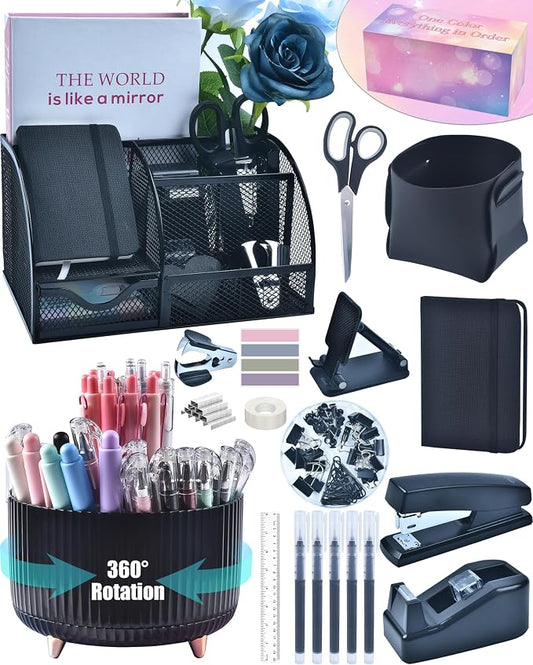 LXEVIHK 20Pcs Black Desk Organizers and Accessories With Mesh Desk Organizer and 360°Rotating Pen Holder and a Lot of Office Black Office Supplies Beautifully Presented in a Gift Box by StyleYourDeskinOneColor